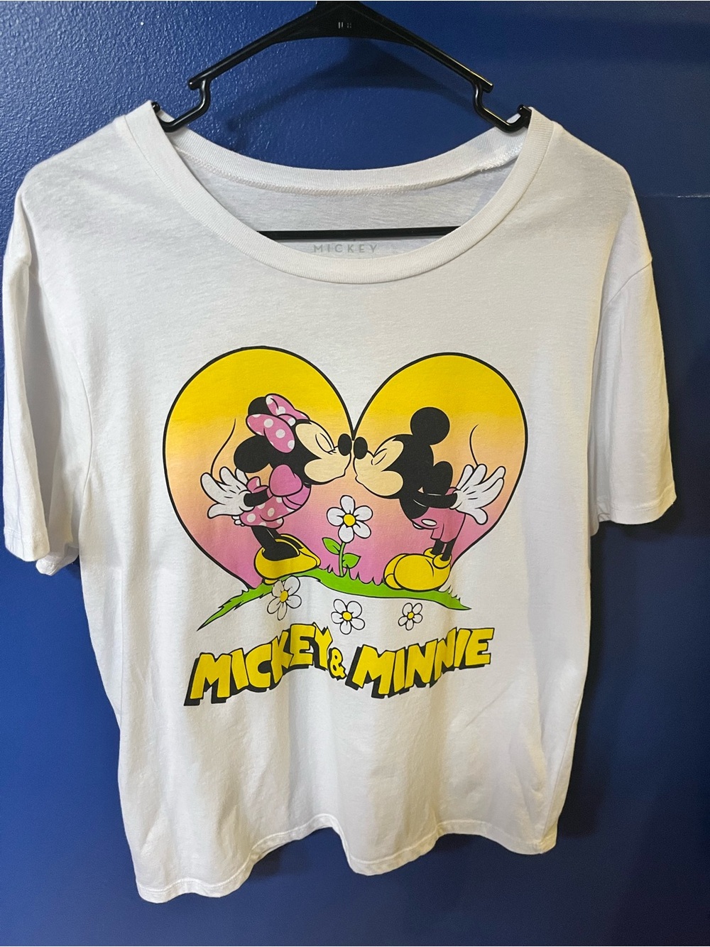 Disney White Short Sleeve Tee with Yellow & Pink Mickey & Minnie Heart Graphic
